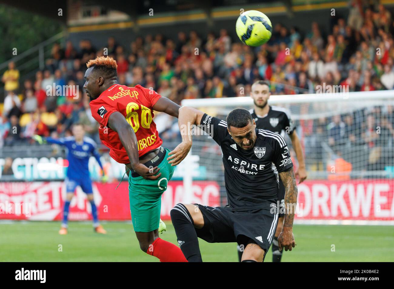 Oostende's Thierry Ambrose and Eupen's Jason Davidson fight for the ball during a soccer match between KV Oostende and KAS Eupen, Saturday 10 September 2022 in Oostende, on day 8 of the 2022-2023 'Jupiler Pro League' first division of the Belgian championship. BELGA PHOTO KURT DESPLENTER Stock Photo