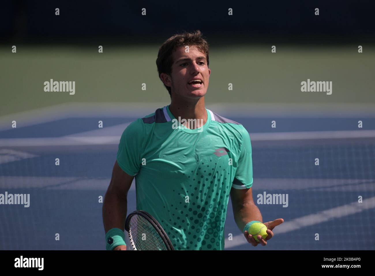 Belgian junior Gilles-Arnaud Bailly reacts during the final match in the boys singles juniors tournament, between Belgian Bailly and Spanish Landaluce, at the US Open Grand Slam tennis tournament, at Flushing Meadow, in New York City, USA, Saturday 10 September 2022. BELGA PHOTO TONY BEHAR Stock Photo