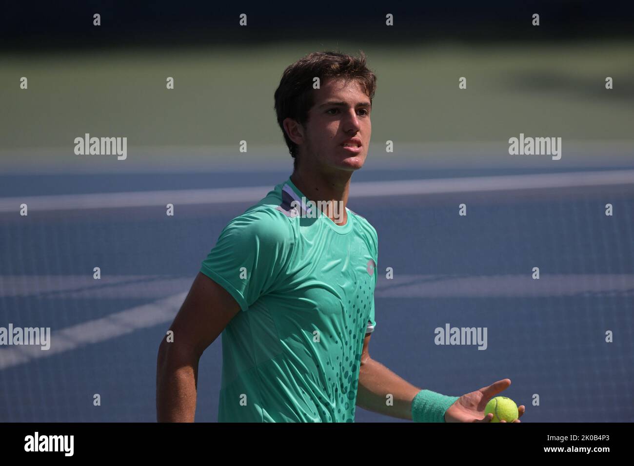 Belgian junior Gilles-Arnaud reacts during the final match in the boys singles juniors tournament, between Belgian Bailly and Spanish Landaluce, at the US Open Grand Slam tennis tournament, at Flushing Meadow, in New York City, USA, Saturday 10 September 2022. BELGA PHOTO TONY BEHAR Stock Photo