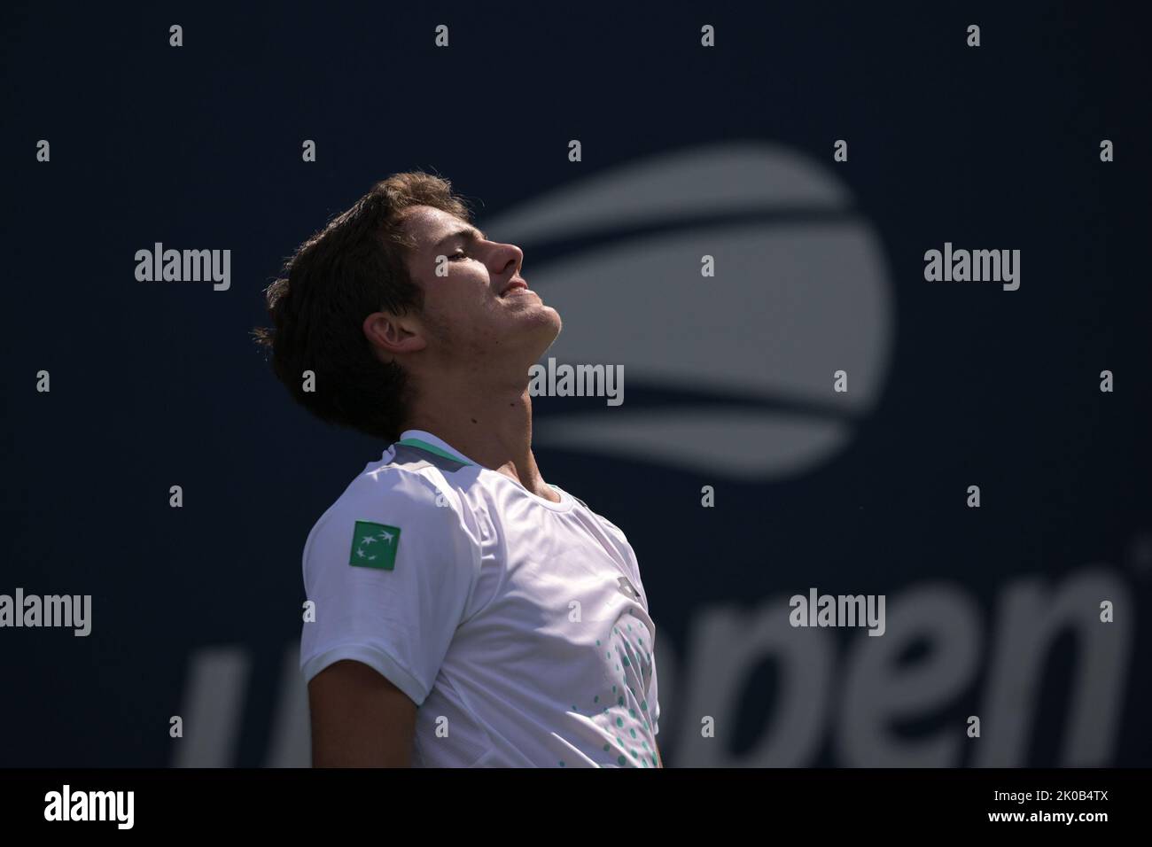 Belgian junior Gilles-Arnaud Bailly reacts during the final match in the boys singles juniors tournament, between Belgian Bailly and Spanish Landaluce, at the US Open Grand Slam tennis tournament, at Flushing Meadow, in New York City, USA, Saturday 10 September 2022. BELGA PHOTO TONY BEHAR Stock Photo