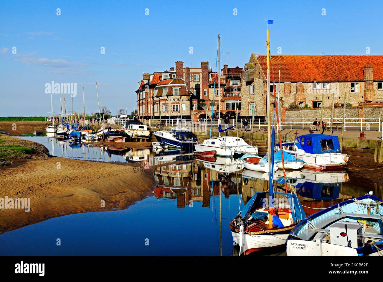 Blakeney Harbour, Quayside, and Hotel, North Sea coast, Norfolk, England, UK Stock Photo