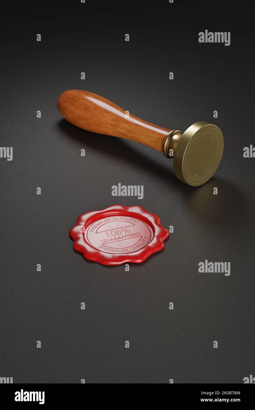 Sealing wax and a sealing wax wooden stamper on black background. 3d illustration. Stock Photo