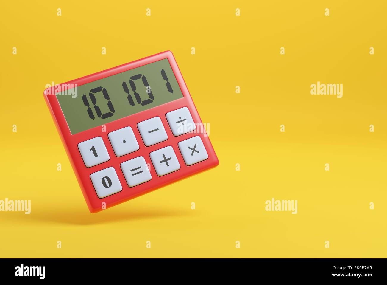 Red calculator with binary code on yellow background with copy space. 3d illustration. Stock Photo