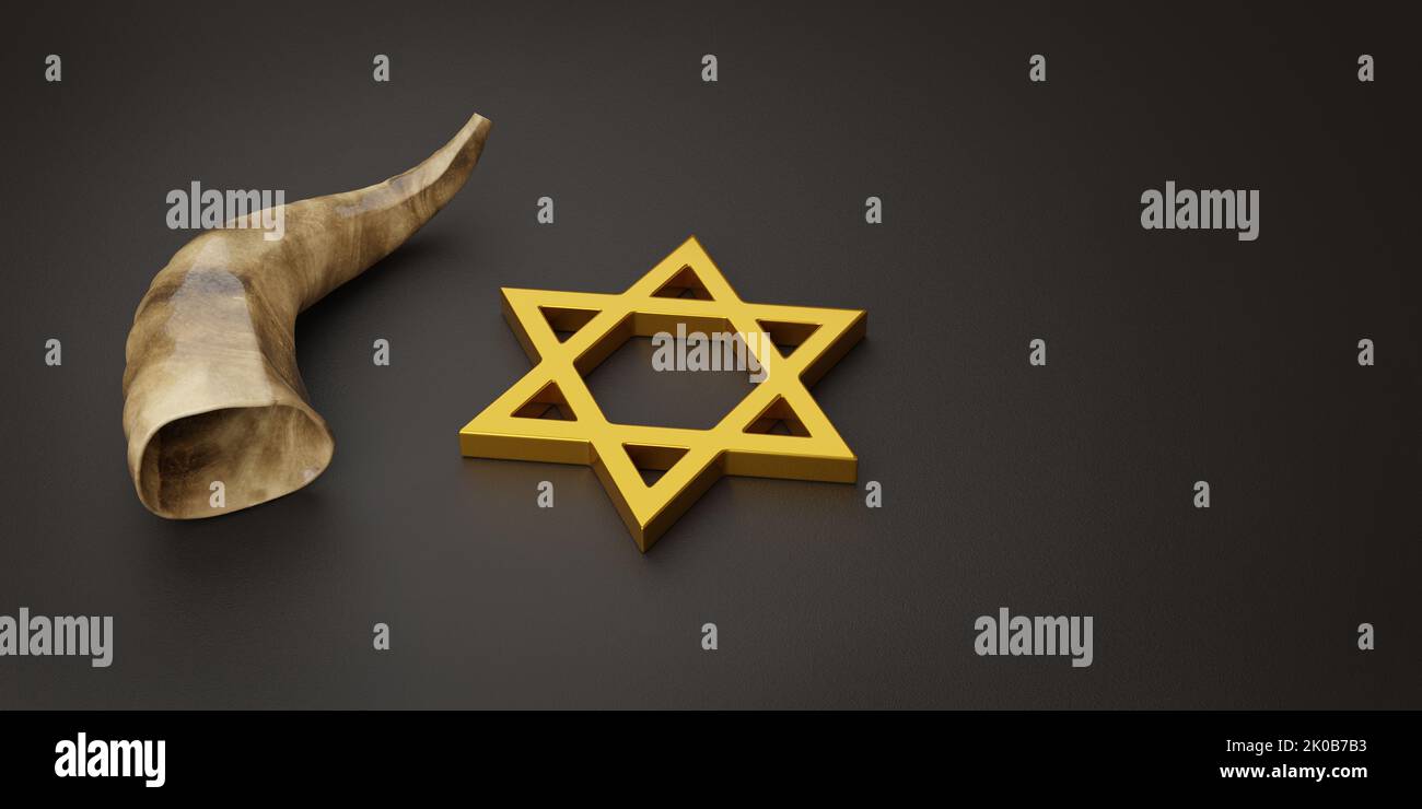 Star of David and shofar with copy space. Yom kippur concept. 3d illustration. Stock Photo