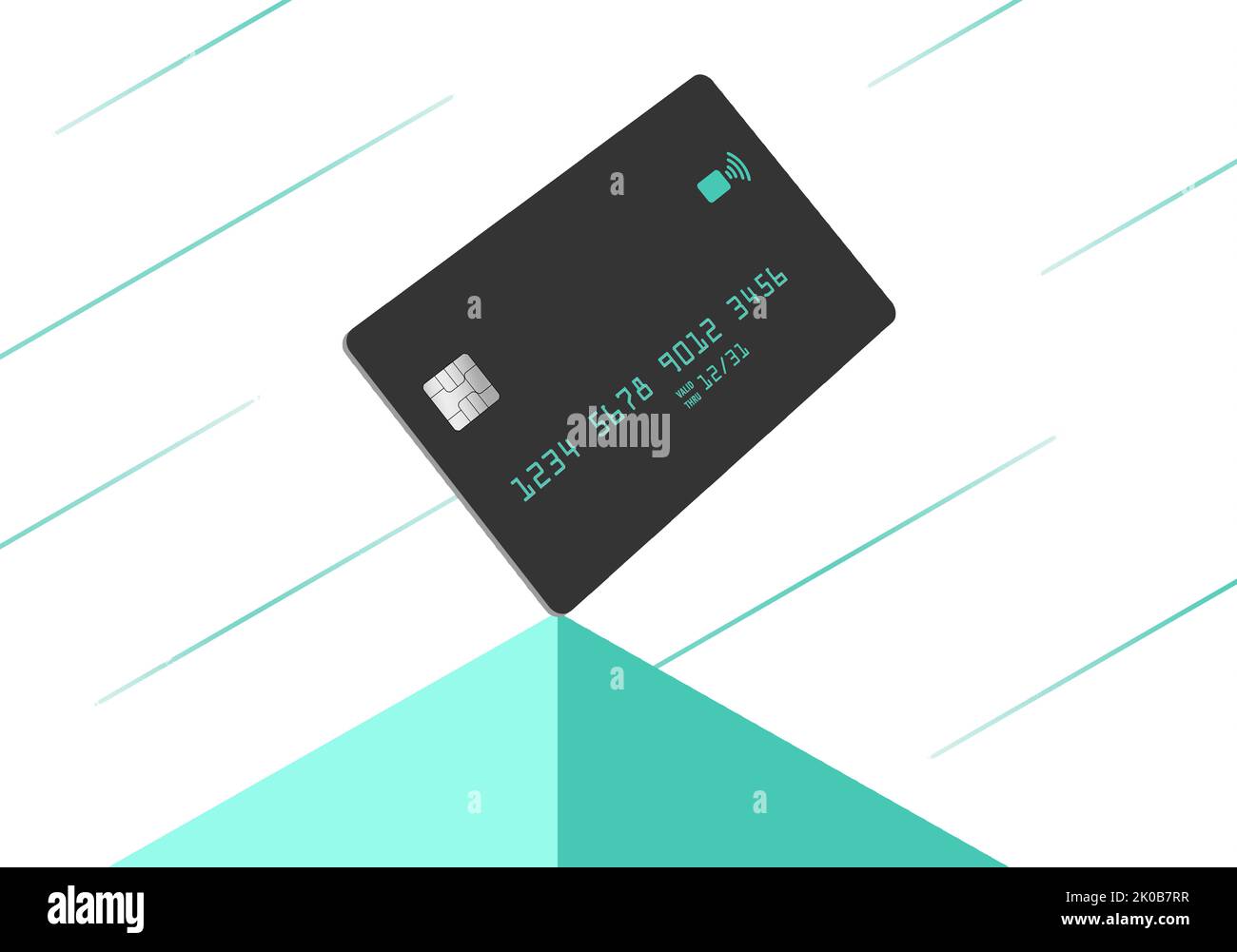 A modern dark grey credit card is seen atop a pyramid with a striped light green background in this 3-d illustration. Stock Photo
