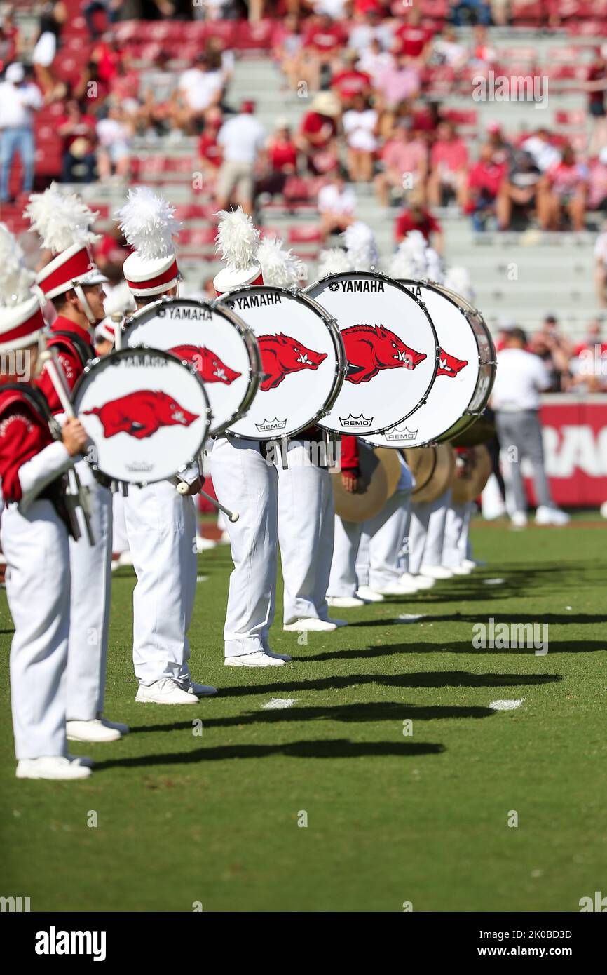 Take The Field. 10th Sep, 2022. The Razorback marching band drum line prepares to take the field. Arkansas defeated South Carolina 44-30 in Fayetteville, AR, Richey Miller/CSM/Alamy Live News Credit: Cal Sport Media/Alamy Live News Stock Photo