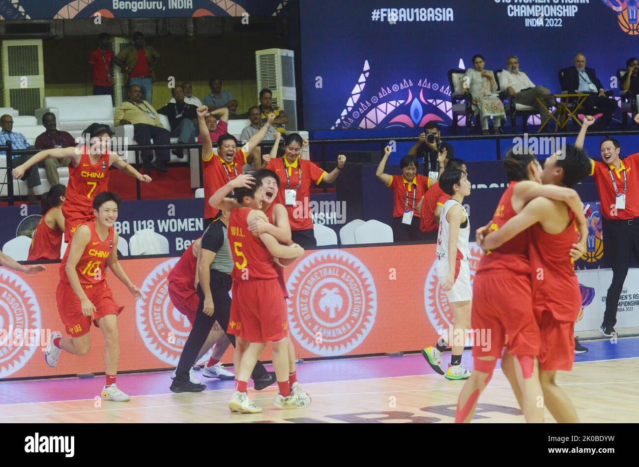 Bangalore, India. 10th Sep, 2022. Members of China celebrate after winning the semifinal match against Japan at the FIBA U18 Women's Asian Basketball Championship in Bangalore, India, Sept. 10, 2022. Credit: Str/Xinhua/Alamy Live News Stock Photo