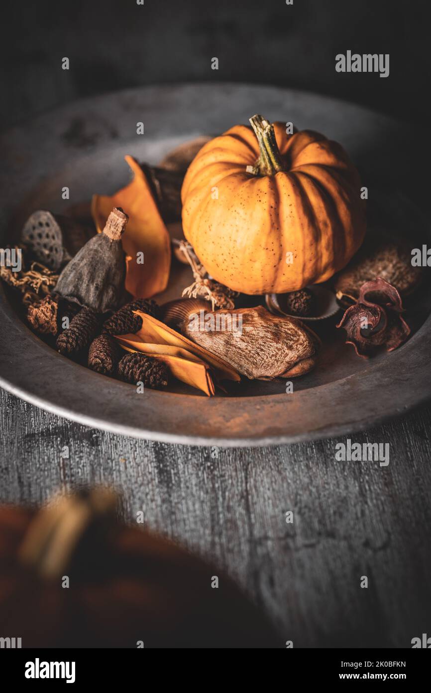 Autumnal arrangement of ripe fresh pumpkin,  dry flowers, and other organic dry objects on a rustic silver plate and grungy table top. Stock Photo