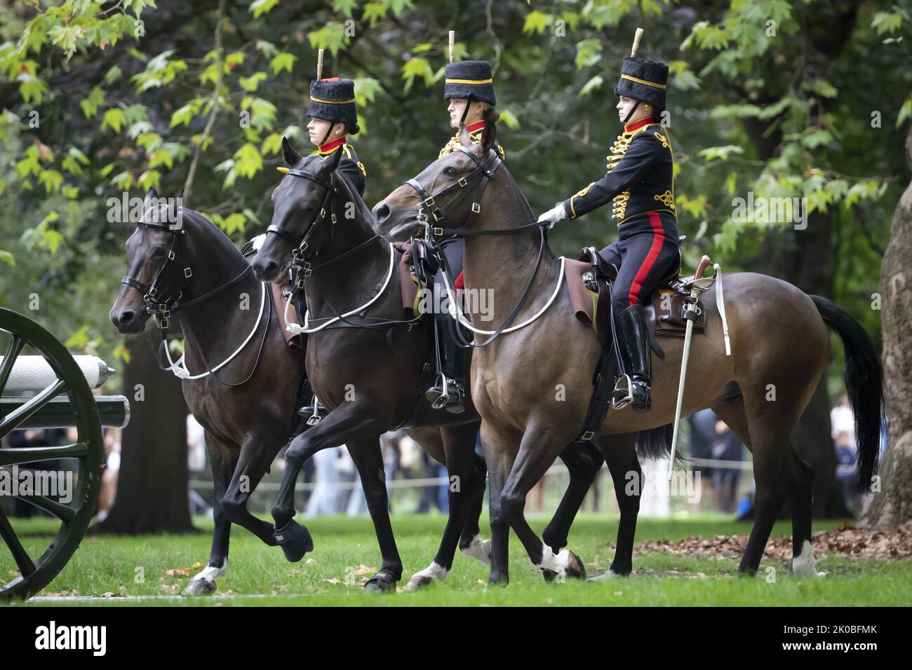 London, UK. 11th Sep, 2022. Members of the King's Troop Royal Horse Artillery, British Army, arrive to fire the Royal Salute in Hyde Park taking place to mark the Principal Proclamation of King Charles III, in London on Saturday, September 10, 2022. King Charles III pledged to follow his mother's example of 'lifelong service' in his inaugural address to Britain and the Commonwealth on Friday, after ascending to the throne following the death of Queen Elizabeth II on September 8. Photo by UK Minister Of Defense/UP Credit: UPI/Alamy Live News Stock Photo