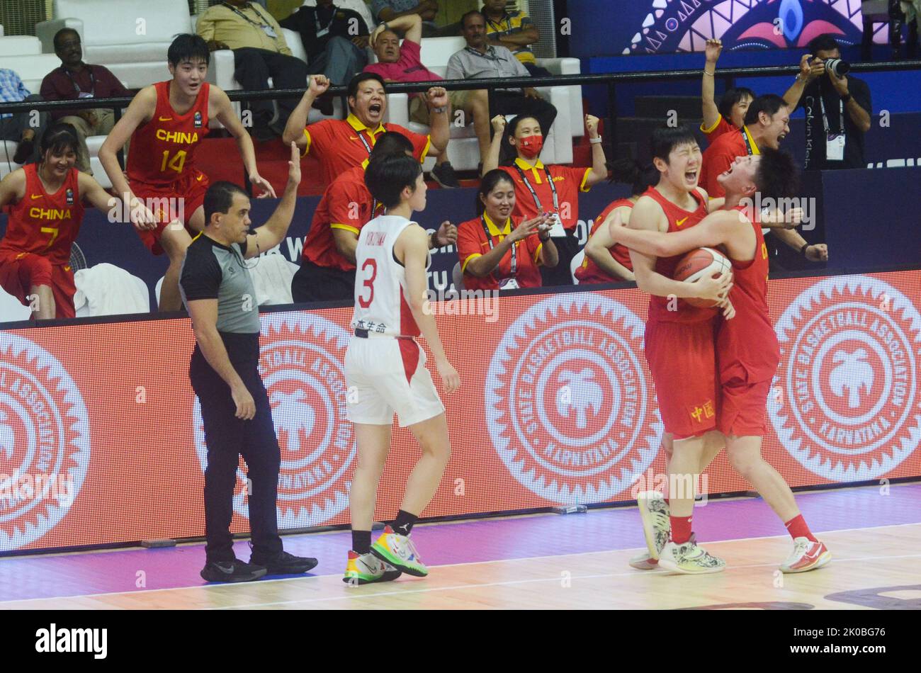 Bangalore, India. 10th Sep, 2022. Members of China celebrate after winning the semifinal match against Japan at the FIBA U18 Women's Asian Basketball Championship in Bangalore, India, Sept. 10, 2022. Credit: Str/Xinhua/Alamy Live News Stock Photo