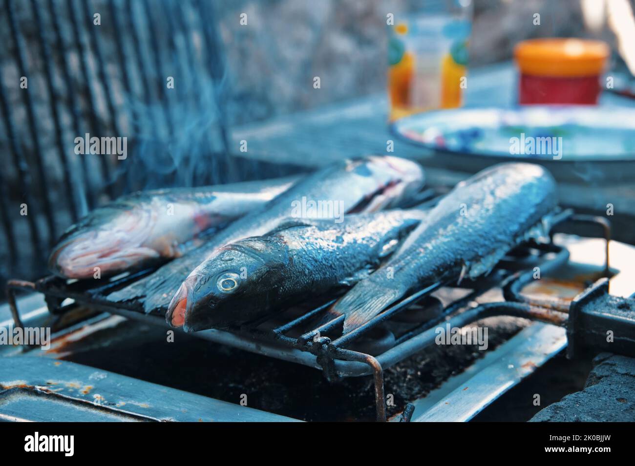 Closeup of grilling fish on gridiron Stock Photo