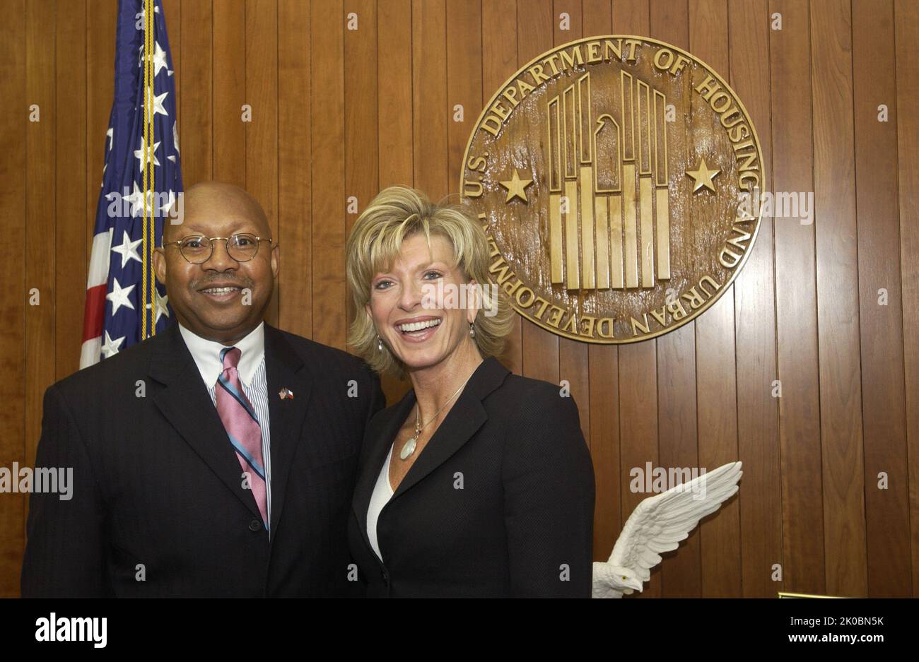 Visit to HUD by Families in Transition Officials. Visit to HUD by Families in Transition Officials Subject, Secretary Alphonso Jackson, Deputy Secretary Roy Bernardi, and Assistant Secretary for Community Planning and Development Pamela Patenaude receiving visit at HUD Headquarters from officials of Families in Transition (FIT), a New Hampshire-based non-profit organization that provides homeless families with transitional housing and support services. Visiting HUD are FIT President Maureen Bauregard, Vice President Stephanie Savard, and Board of Directors member Susan Underhill. Stock Photo