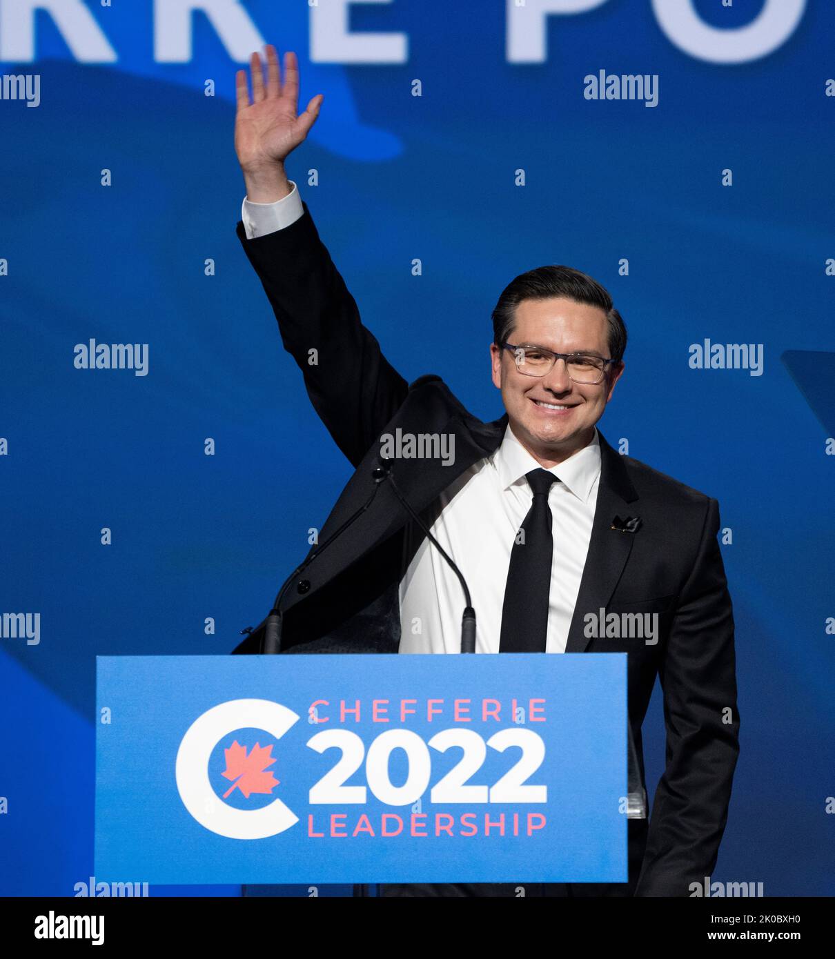 Conservative Leader Pierre Poilievre waves as he finishes his