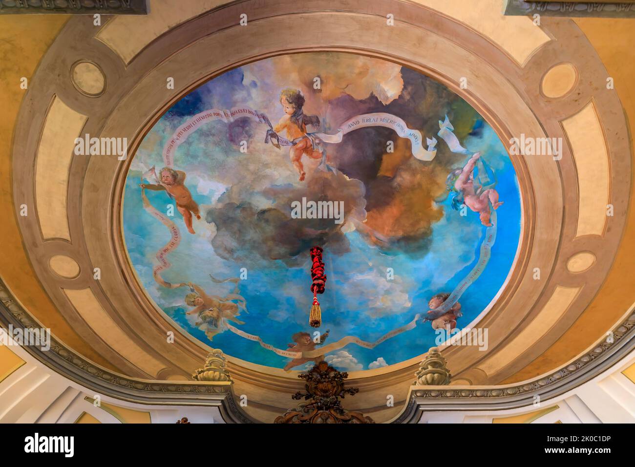 Madrid, Spain - June 28, 2021: Ornate ceiling fresco of baroque Cathedral Church of Armed Forces or Iglesia Catedral de las Fuerzas Armadas Stock Photo