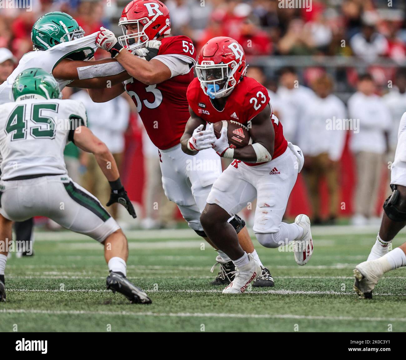 Piscataway, NJ, USA. 10th Sep, 2022. Rutgers Scarlet Knights running back Kyle Monangai (23) finds a gap to run through during a NCAA football game between the Wagner Seahawks and the Rutgers Scarlet Knights at SHI Stadium in Piscataway, NJ. Mike Langish/Cal Sport Media. Credit: csm/Alamy Live News Credit: Cal Sport Media/Alamy Live News Stock Photo