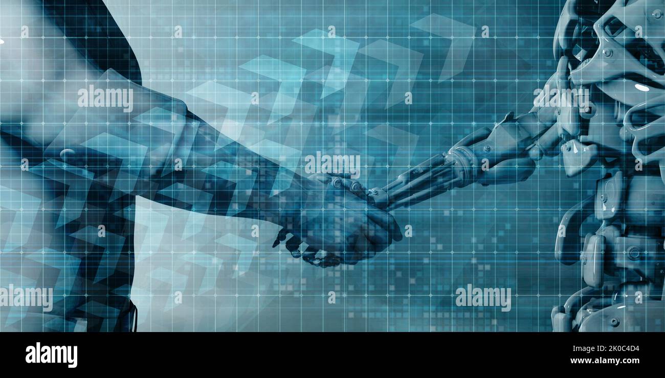 Engineering Technology with Robotic Arm and Human Hand Handshake Stock Photo