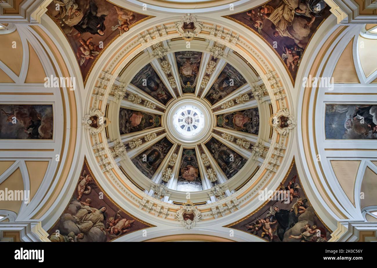 Madrid, Spain - June 28, 2021: Ornate fresco dome of the baroque Cathedral Church of Armed Forces or Iglesia Catedral de las Fuerzas Armadas Stock Photo