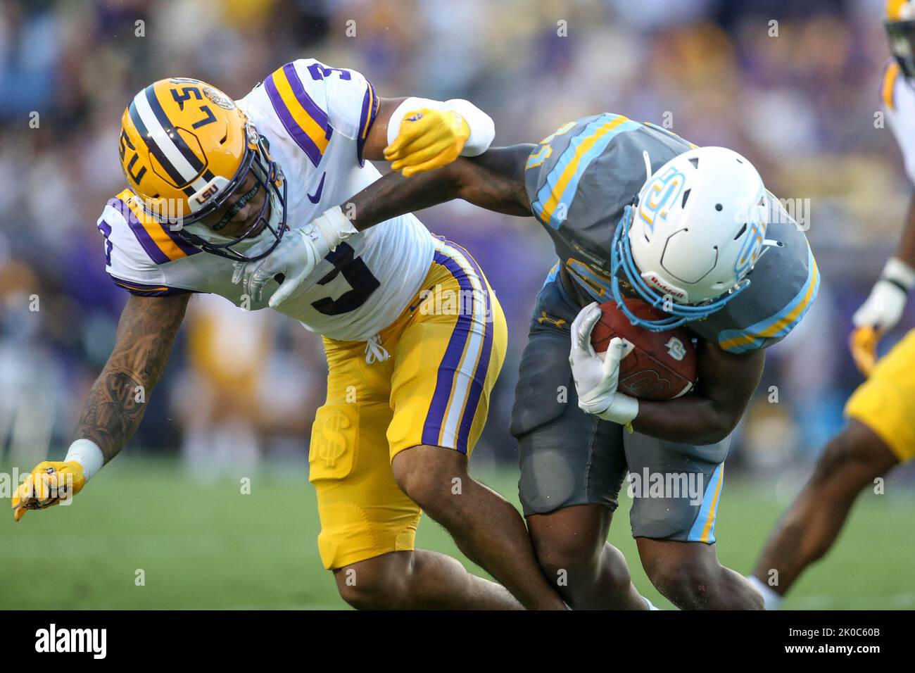 Baton Rouge, LA, USA. 10th Sep, 2022. LSU's Greg Brooks (3) brings down Southern's Jerodd Simms (24) during NCAA football game action between the Southern Jaguars and the LSU Tigers at Tiger Stadium in Baton Rouge, LA. Jonathan Mailhes/CSM/Alamy Live News Credit: Cal Sport Media/Alamy Live News Stock Photo