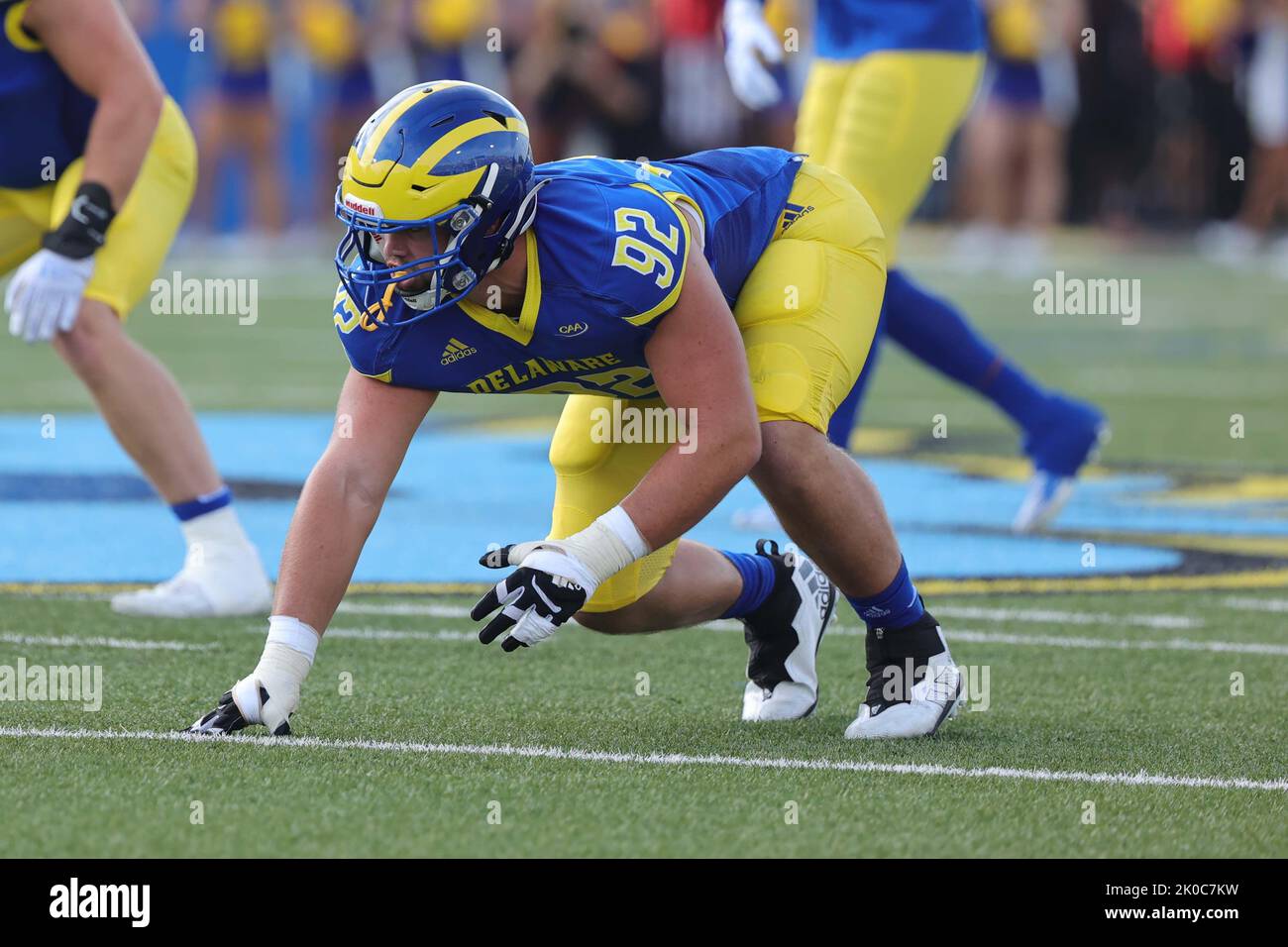 Newark, Delaware, USA. 10th Sep, 2022. Delaware Fightin Blue Hens defensive end TOMMY WALSH (92) in action during a week two game between the Delaware Blue Hens and Delaware State Saturday, SEPT. 10, 2022; at Tubby Raymond Field at Delaware Stadium in Newark, DE. (Credit Image: © Saquan Stimpson/ZUMA Press Wire) Stock Photo