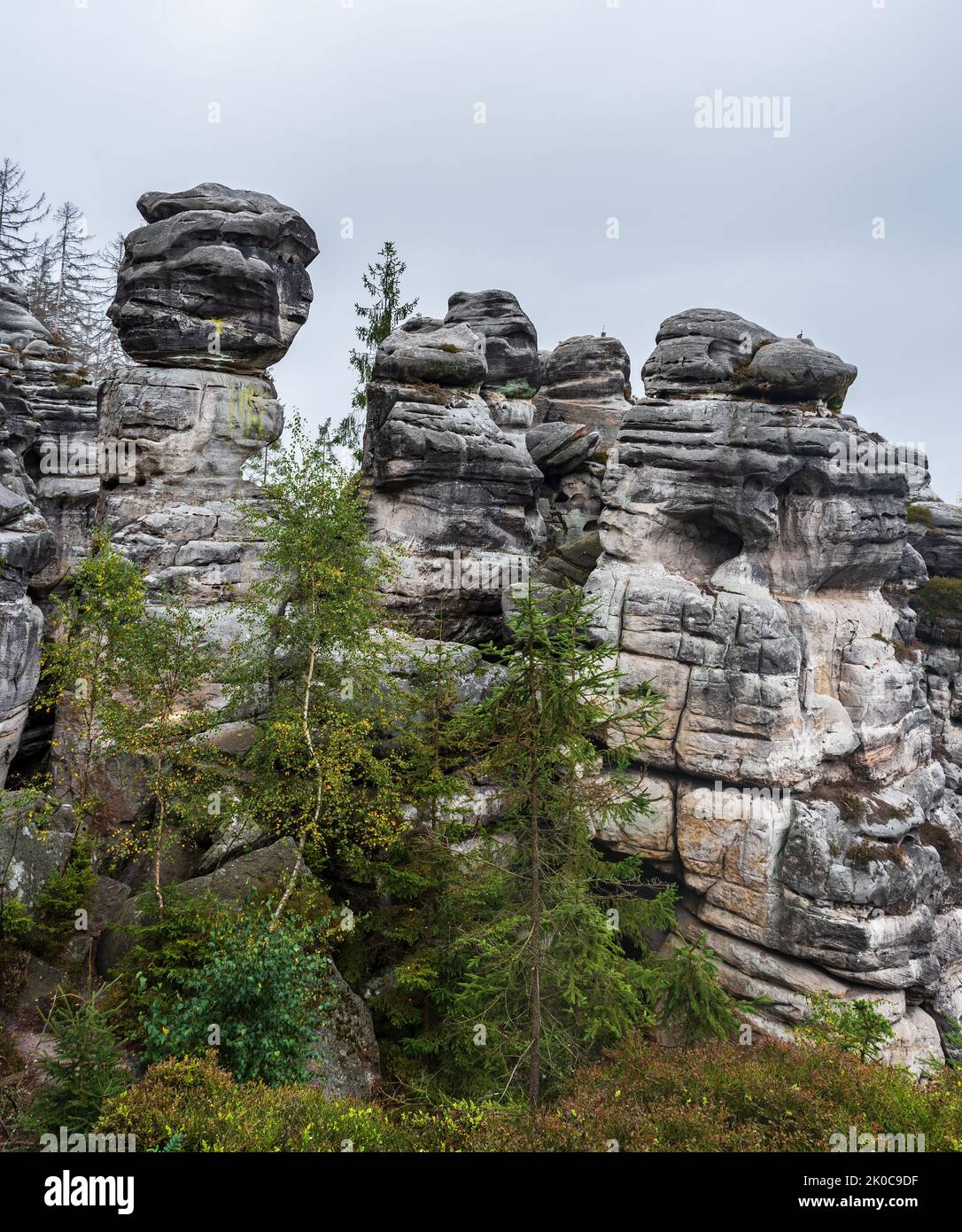 Sandstone rock towers on Osttas in Czech republic during cloudy autumn day Stock Photo