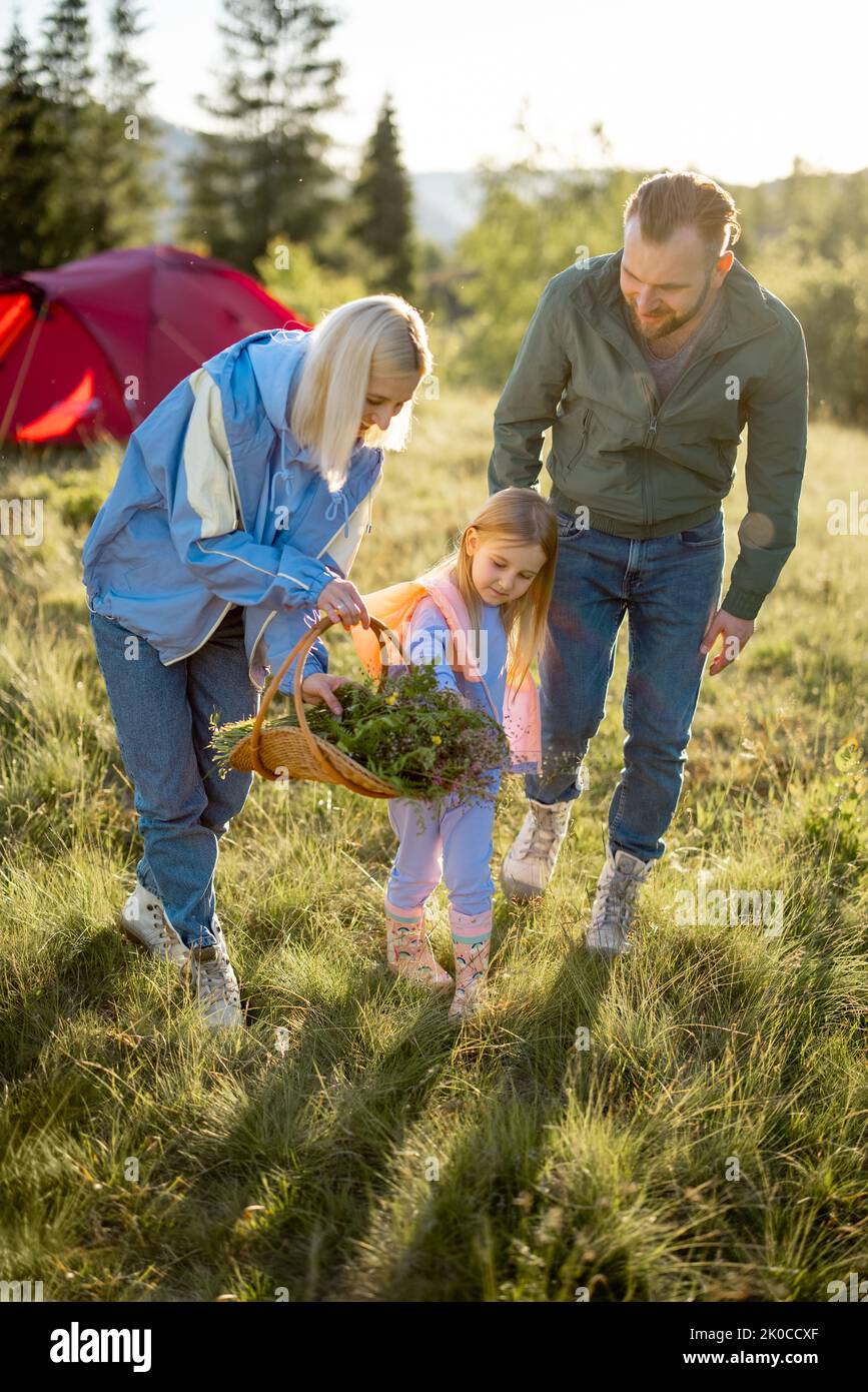 Young caucasian couple with little girl walk together and gather wildflowers while traveling in the mountains. Happy family spending summer vacation a Stock Photo