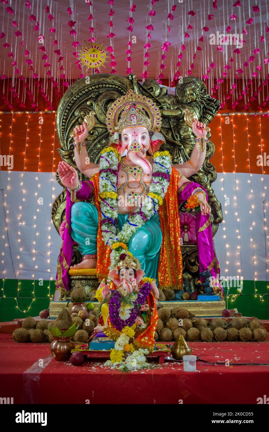 A statue of Lord Ganesh at a mandal in Mumbai for the auspicious Indian ...