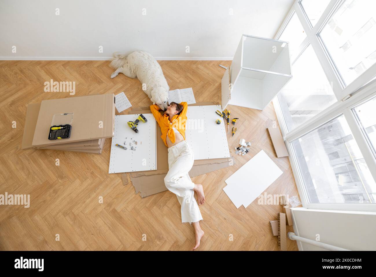 Young woman lies on floor with her cute dog, resting while making repairing at new apartment, top view. Young woman assembling furniture by herself. D Stock Photo