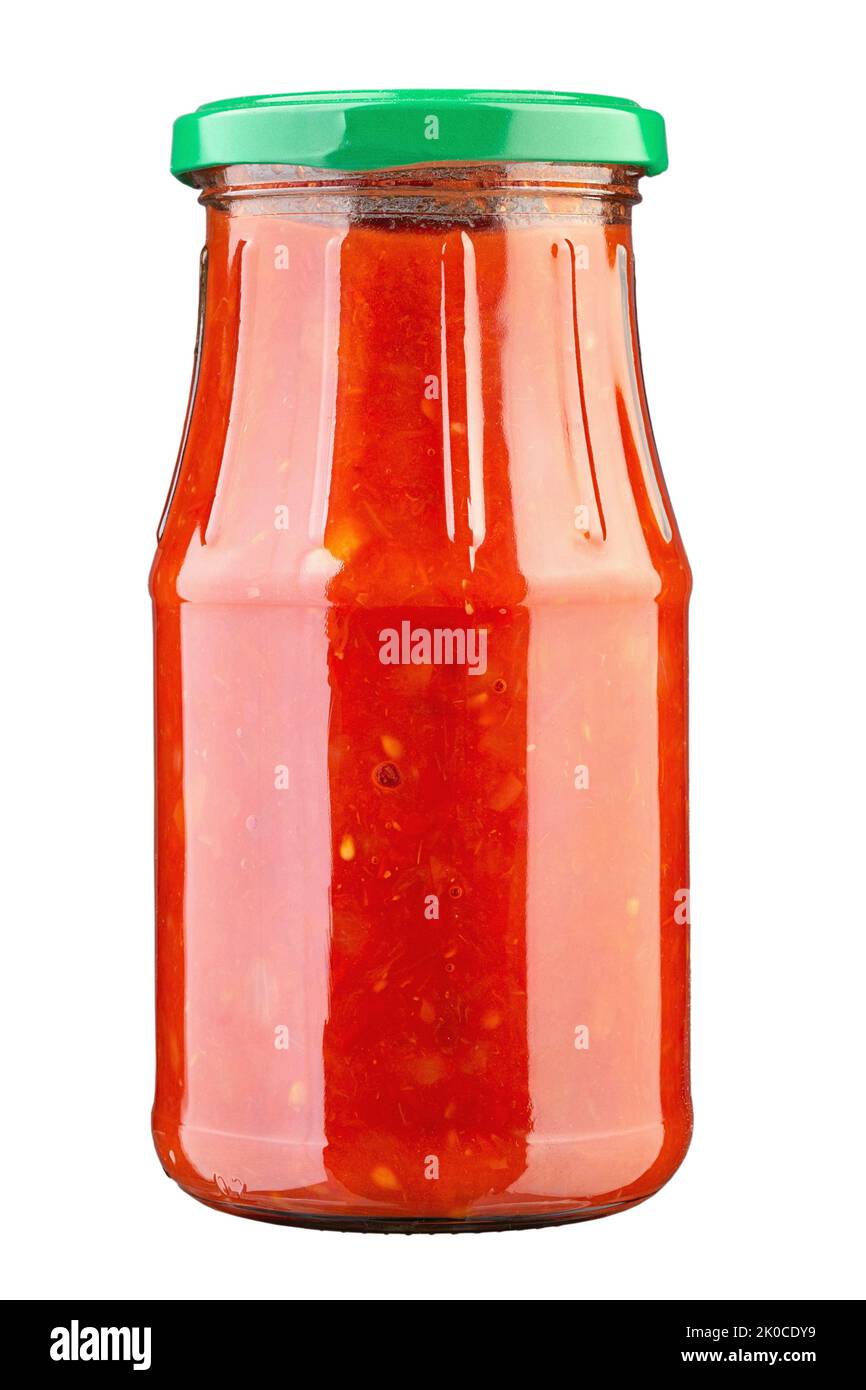 Canned hot tomato sauce in a jar isolated on a white background. File contains clipping path