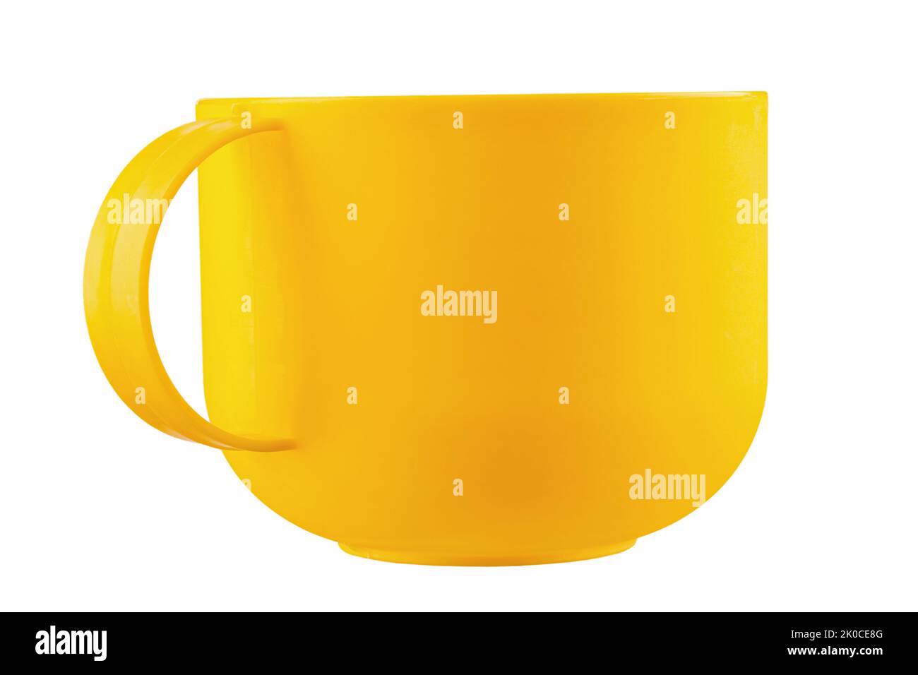 Empty yellow mug isolated on white background. Plastic drinking cup