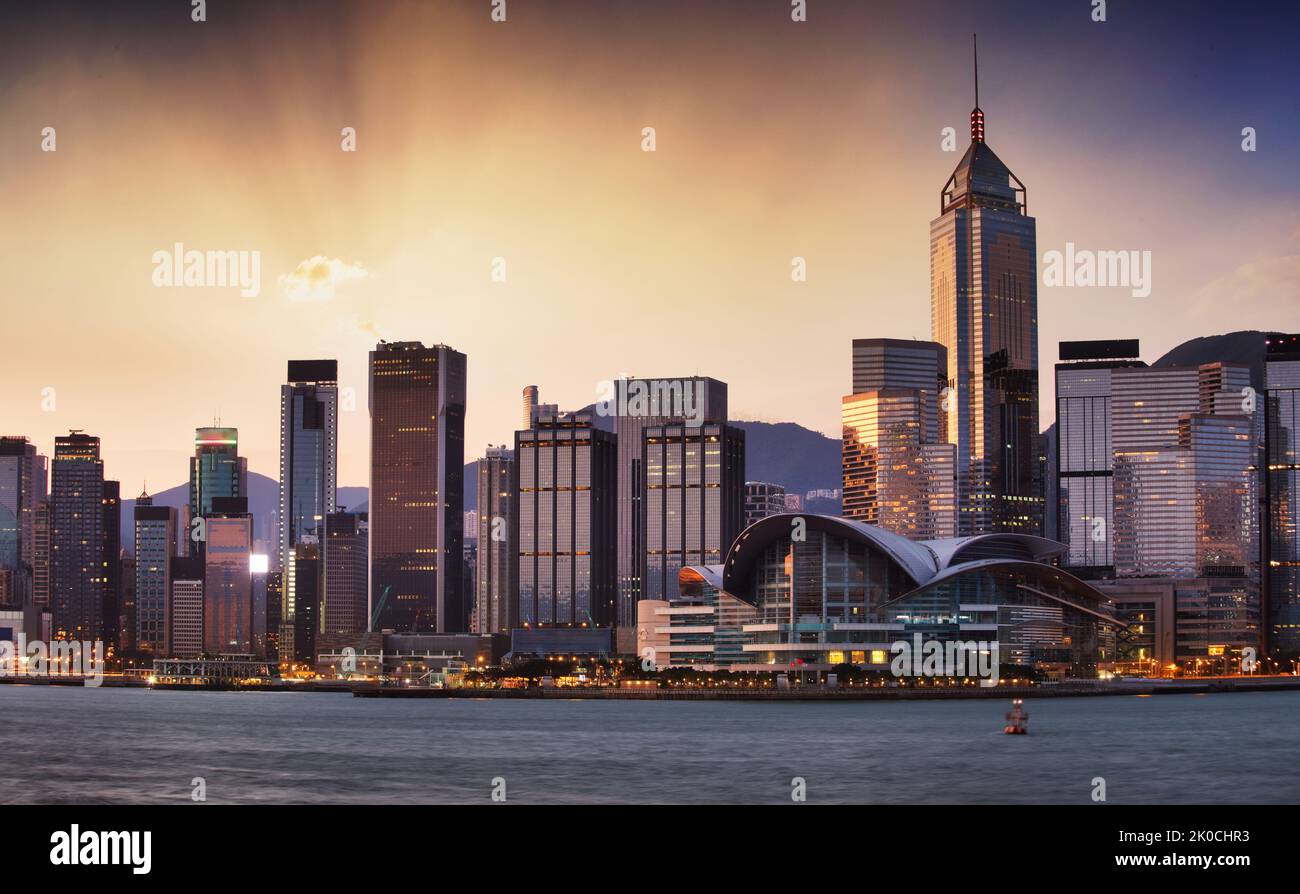 Hong Kong skyline from kowloon, panorama at sunrise, China - Asia Stock Photo
