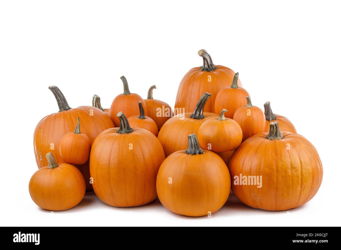 Heap of many orange pumpkins isolated on white background, Halloween day celebration concept, autumn harvest Stock Photo