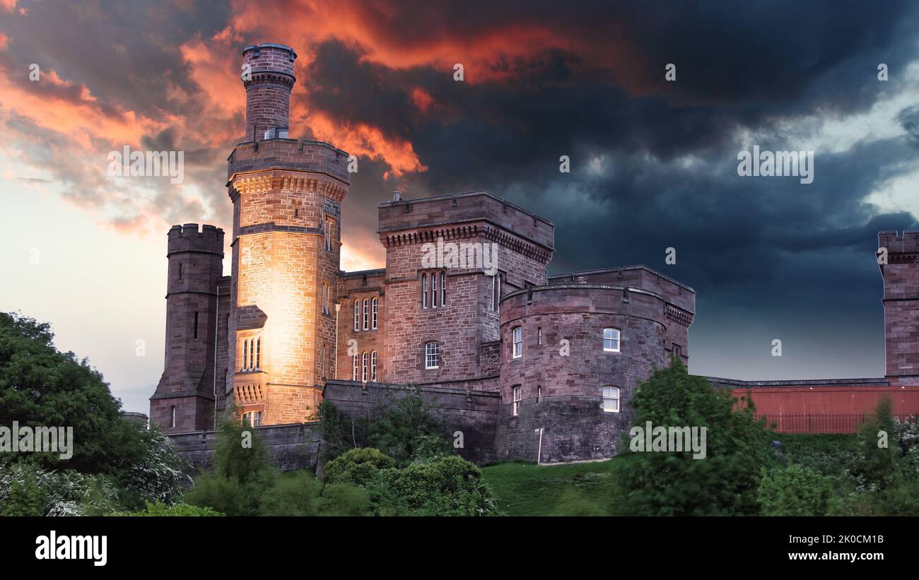 Inverness castle at dramatic sunset, UK -  Scotland Stock Photo