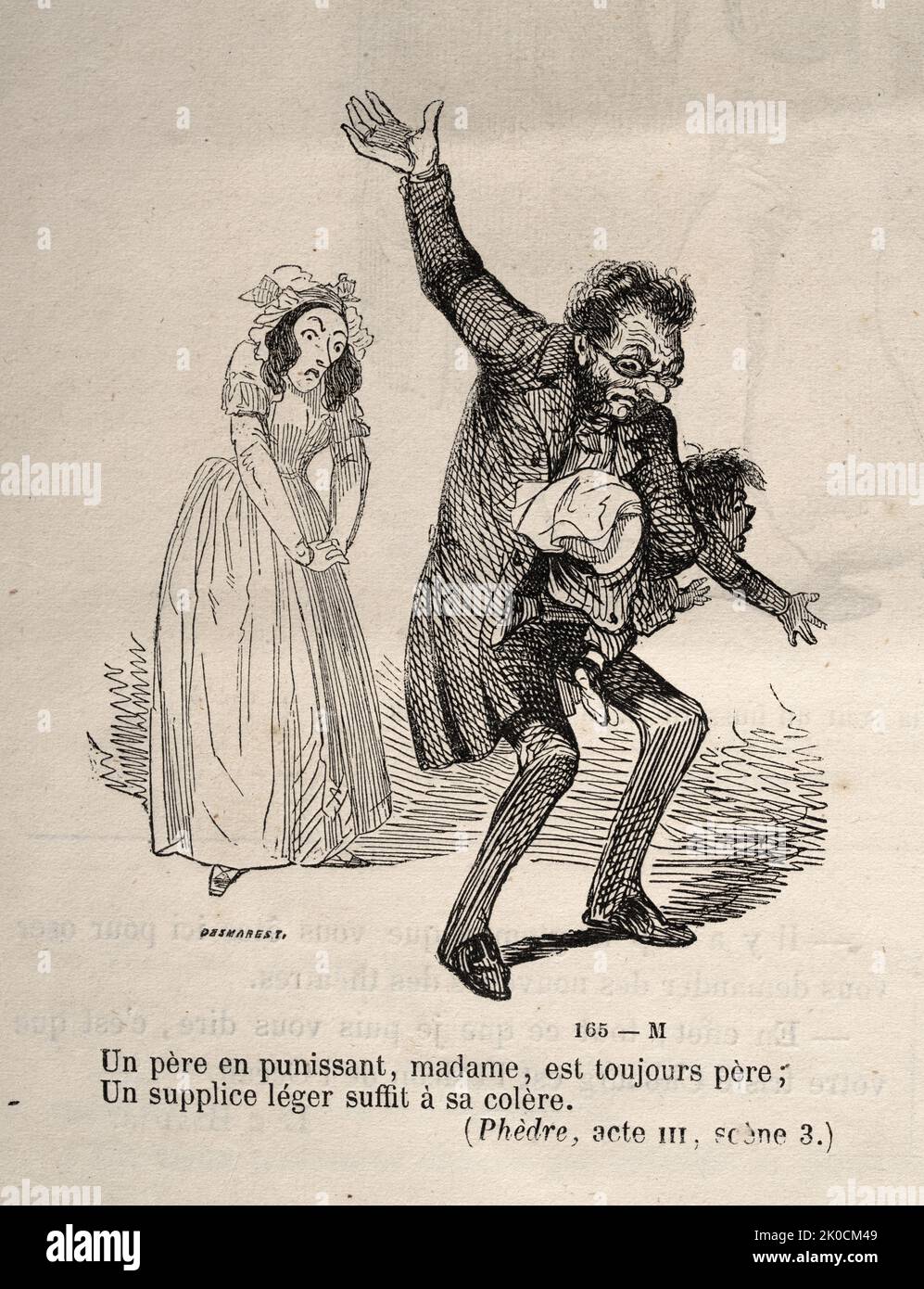 Vintage illustration Father smacking a naughty childs bottom, French, Social History, 1860s, 19th Century. Un pere en punissant, madame, est toujours pere, Un supplice legar suffit a se colere. A father in punishing, madam, is always a father, A legar torture is enough to get angry Stock Photo