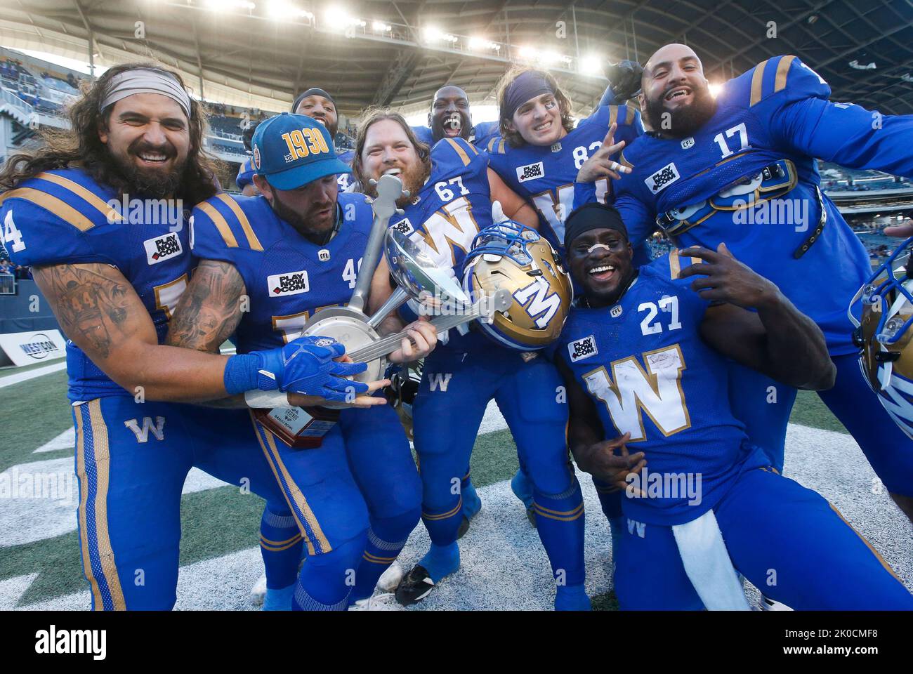 Winnipeg Blue Bombers celebrate winning the annual Banjo Bowl win
