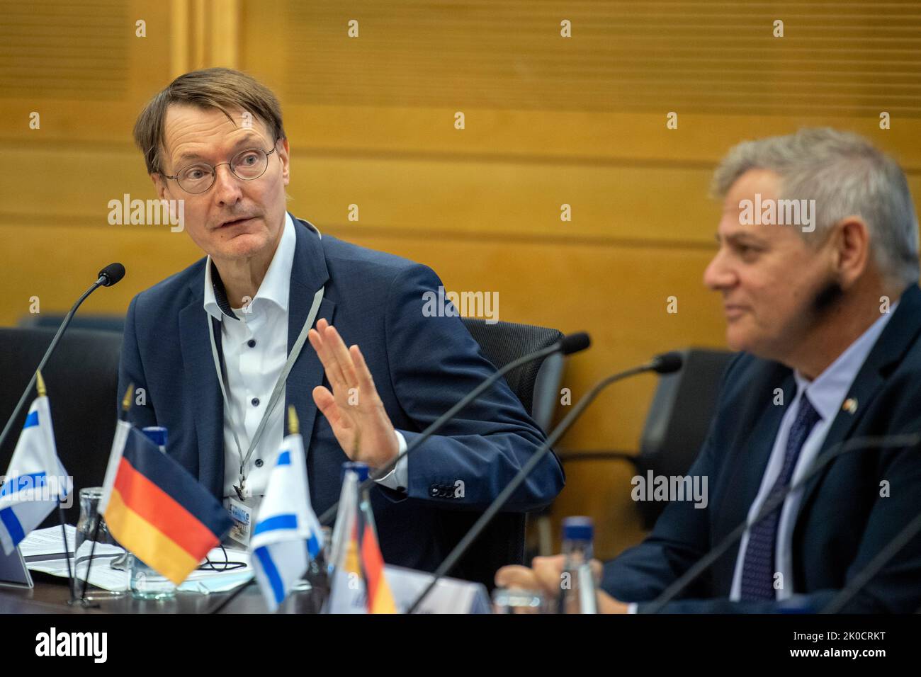 Jerusalem, Israel. 11th Sep, 2022. Karl Lauterbach (SPD, l), German Minister of Health, speaks at a meeting with Nitzan Horowitz (r), Chairman of the Meretz party and Israeli Minister of Health, in the Knesset's 'Jerusalem Hall'. For the German minister, the focus in Israel is on German-Israeli friendship, joint pandemic control and Israel as a role model for the digitization of the healthcare system. Credit: Christophe Gateau/dpa/Alamy Live News Stock Photo