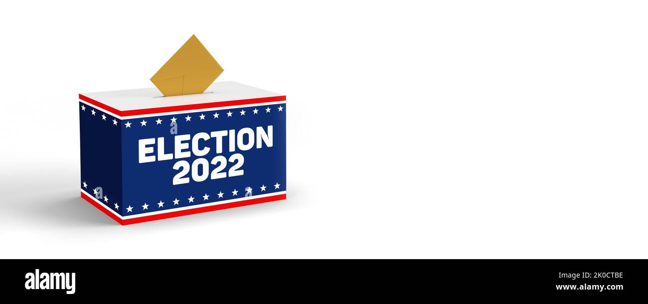 Putting brown voting envelope in American retro style Election 2022 text ballot box on white background with copy space. 3D render,democratic concept Stock Photo