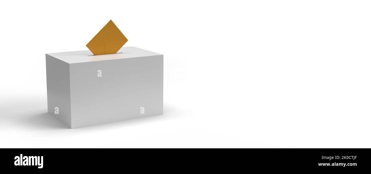Brown empty voting envelope into ballot box on white background, copy space. Realistic 3D illustration. Democratic Election concept. Confidential Stock Photo