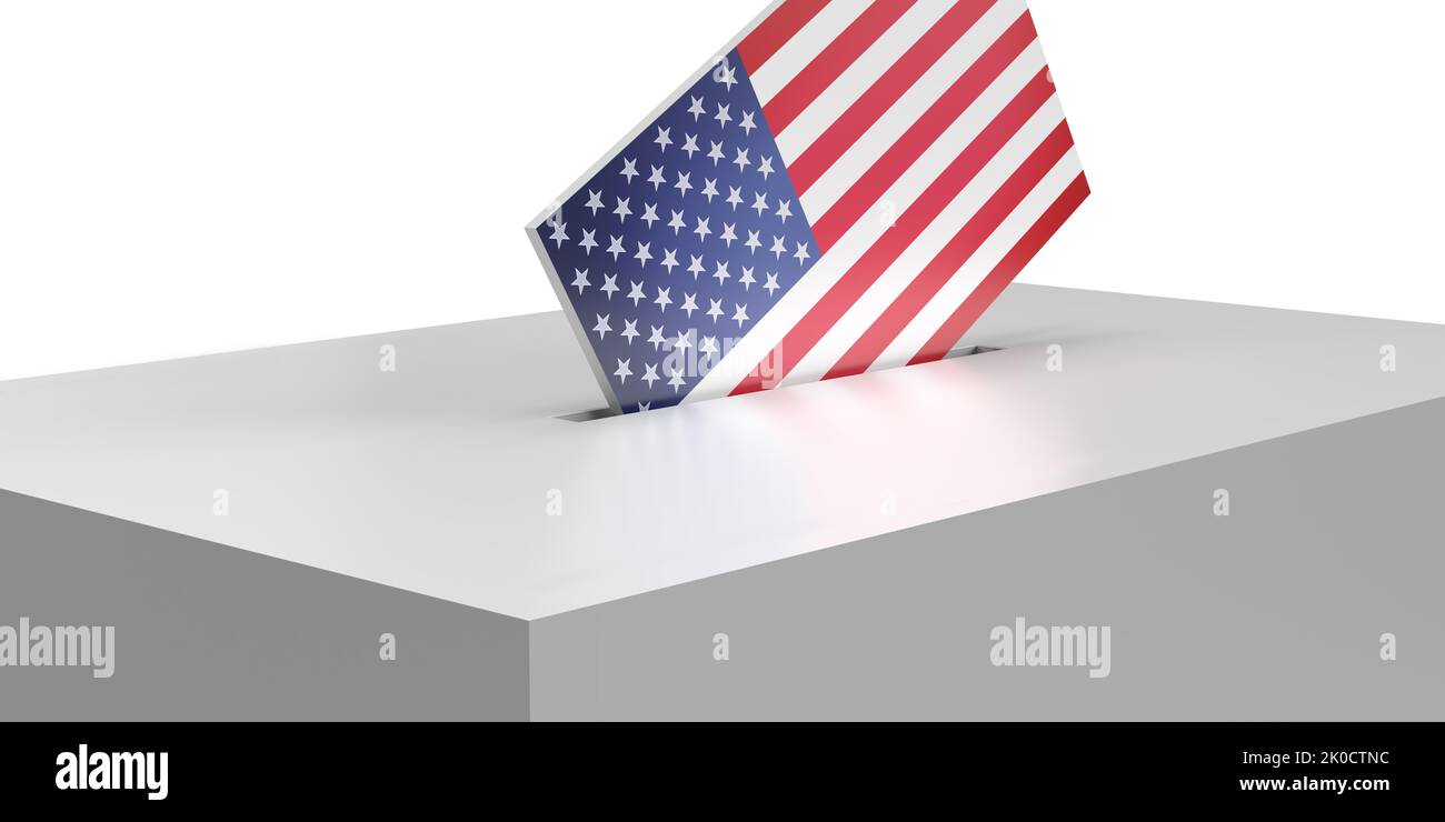 US American flag designed voting envelope into ballot box on white background with copy space. Realistic 3D render illustration. Democratic Election Stock Photo