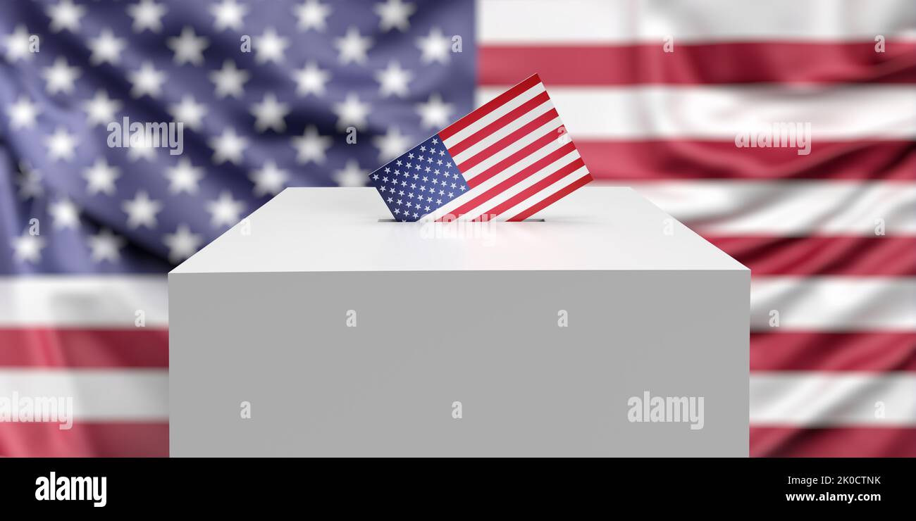 Inserting US flagged voting envelope in white ballot box on American flag background with copy space. 3D render of democratic election 2022 concept. Stock Photo