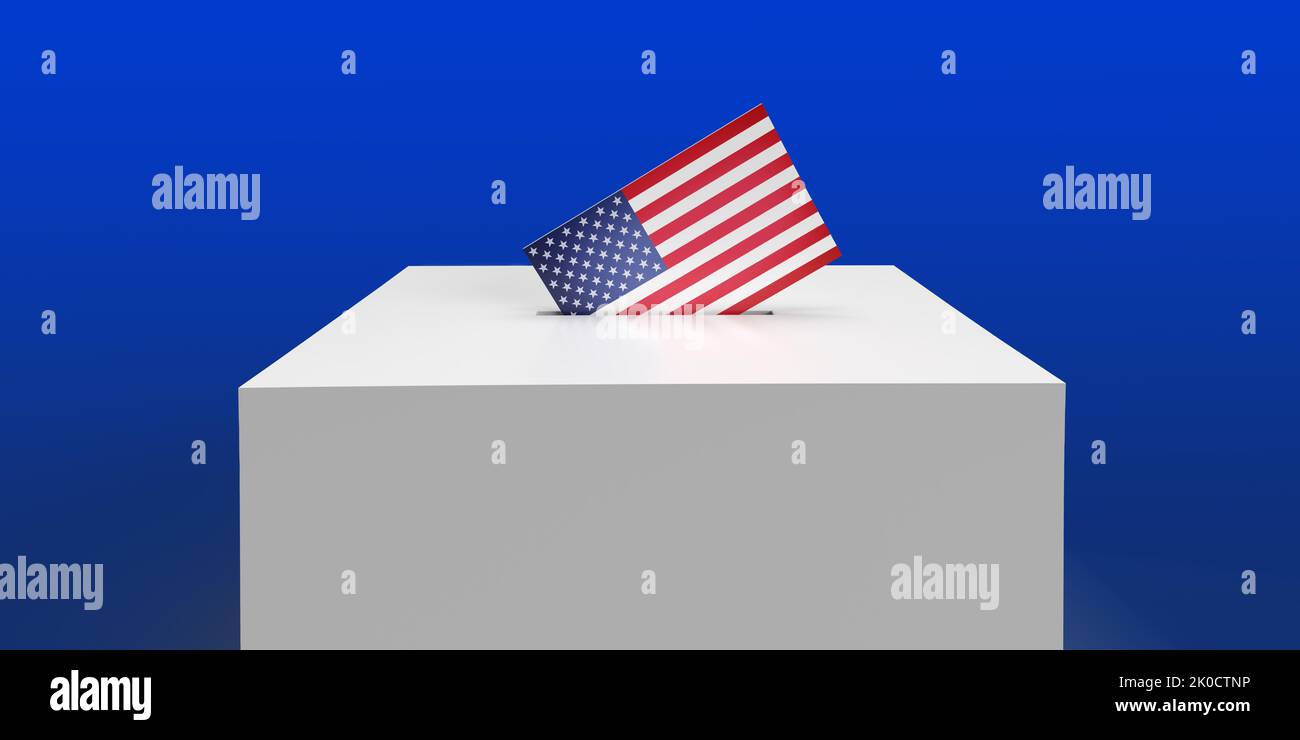 Inserting US American flag voting envelope in white ballot box on blue background with copy space. 3D render of democratic election 2022 concept. Stock Photo