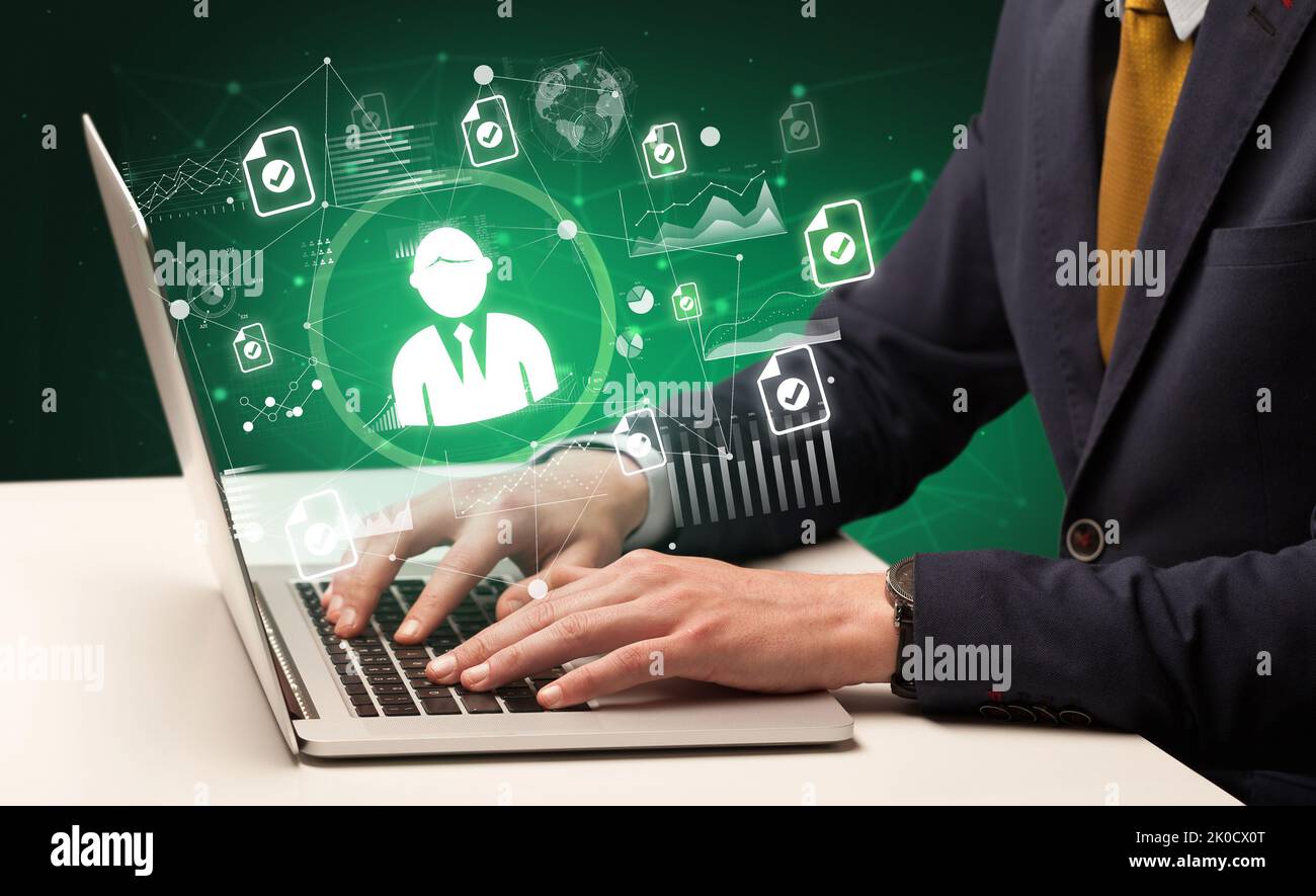 Business hand working on laptop, successful business concept Stock Photo