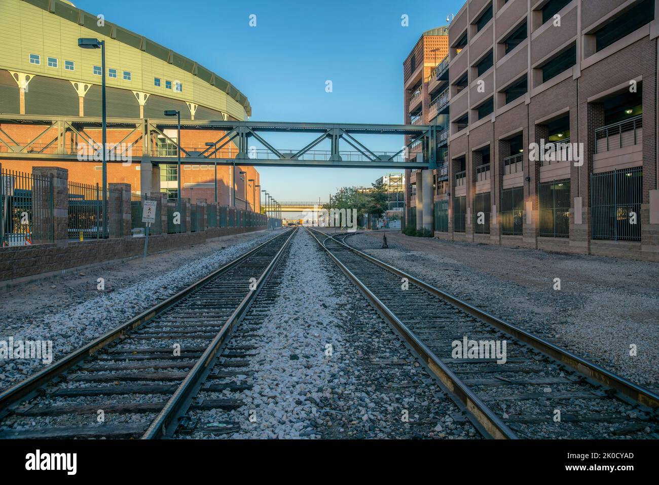 Phoenix, Arizona- Railways with footbridge above near the stadium ...