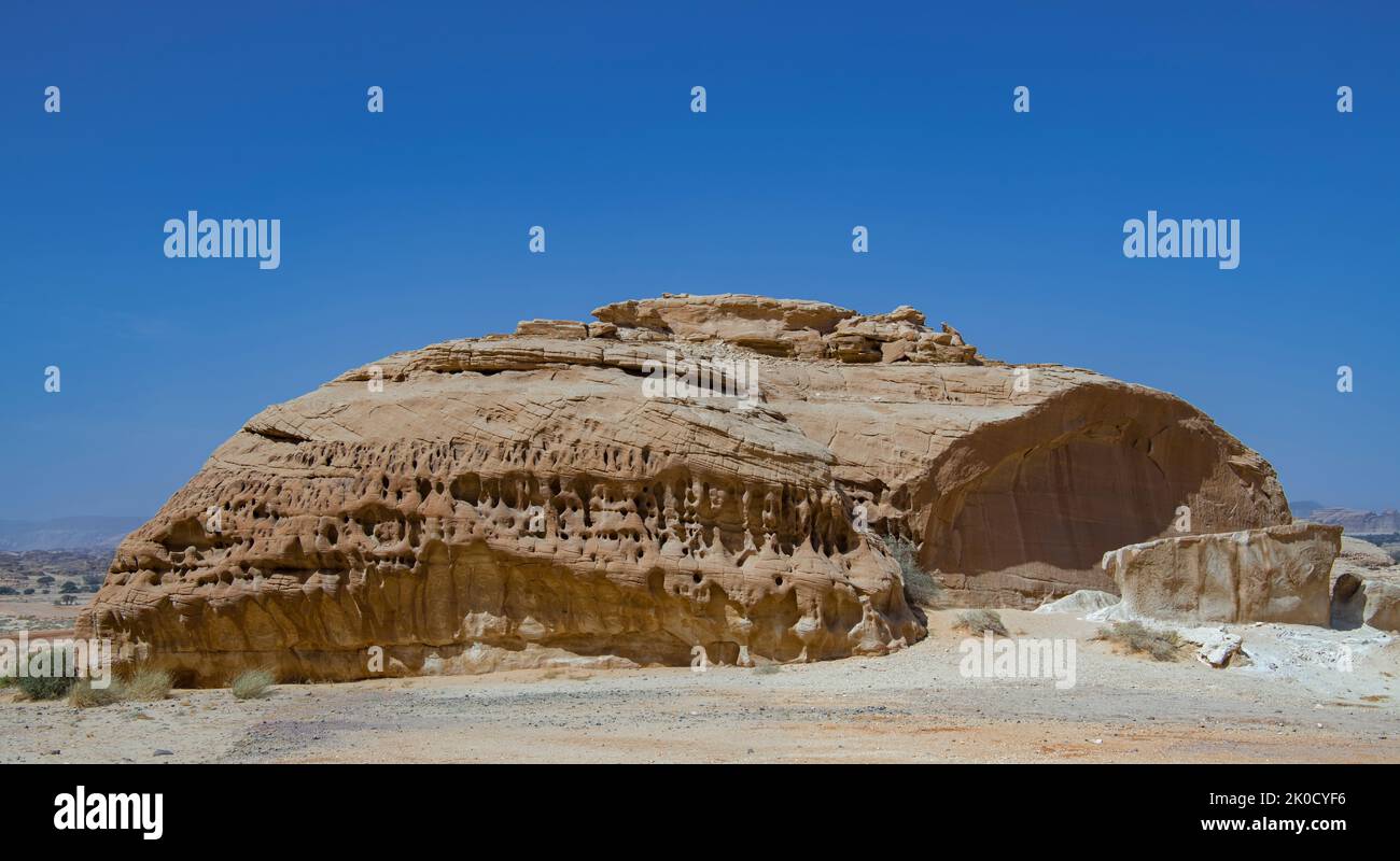 Fine example of honey comb weathering Jabal Ithlib Hegra Saudi Arabia Stock Photo