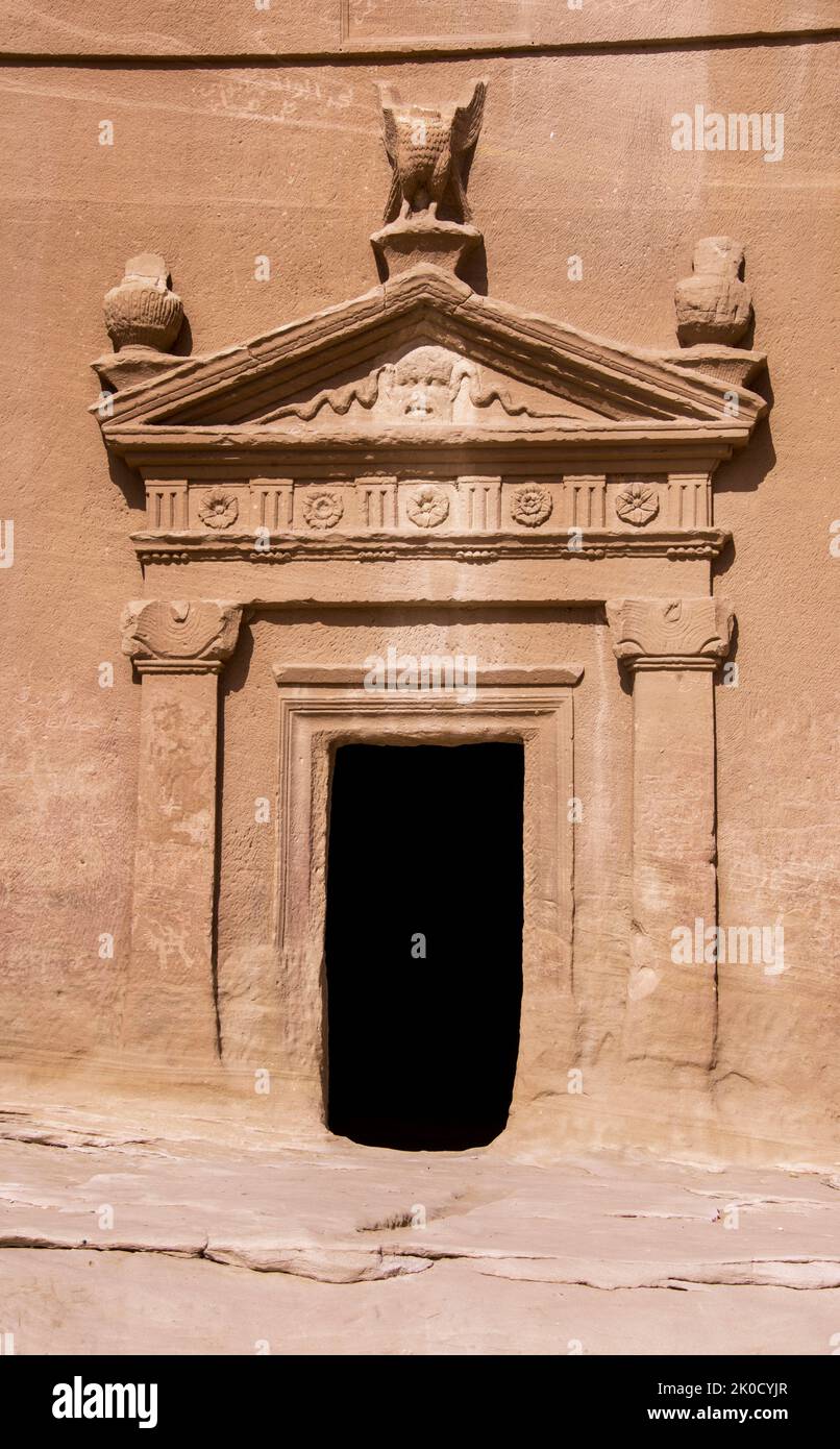 Skilfully carved tomb Jabal At Banat Hegra Saudi Arabia Stock Photo