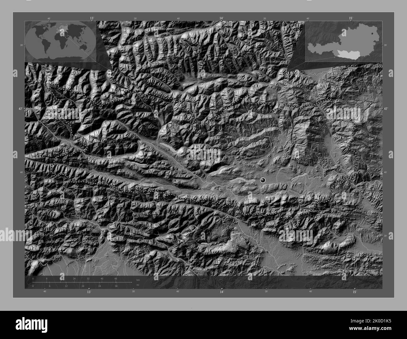 Karnten, state of Austria. Bilevel elevation map with lakes and rivers ...