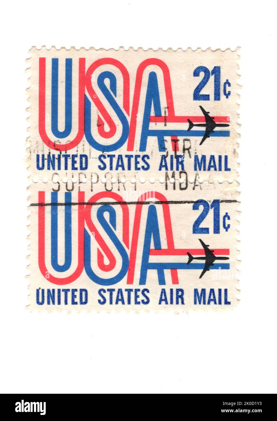 A montage of air mail postage stamps from the USA on a white background