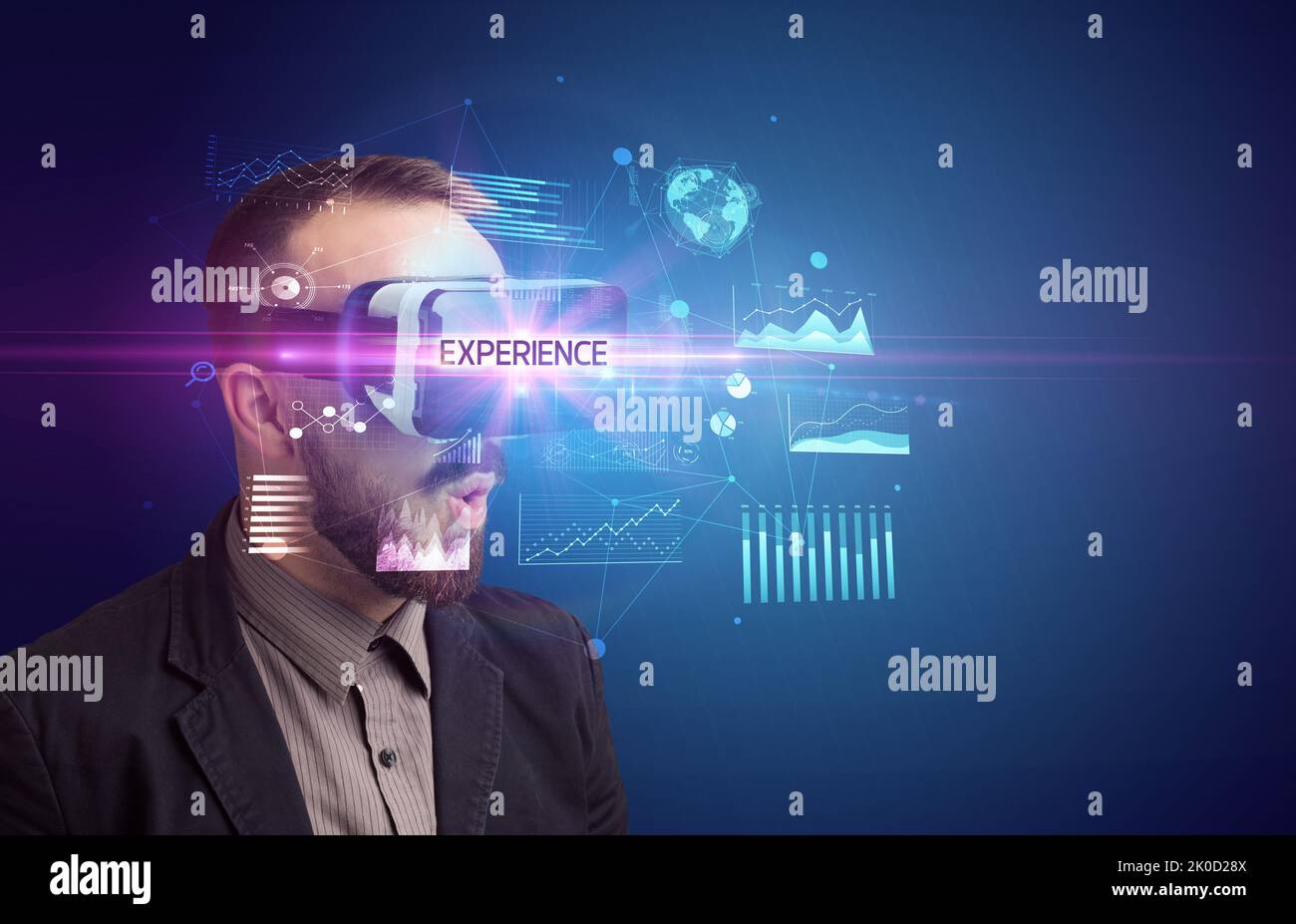 Businessman looking through Virtual Reality glasses Stock Photo