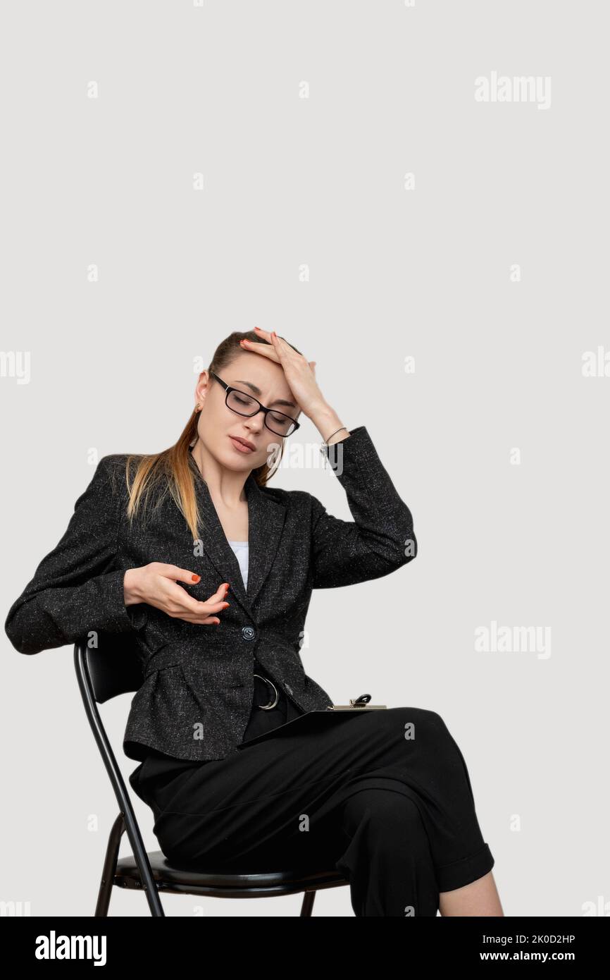 stressed out business woman migraine pain tired Stock Photo