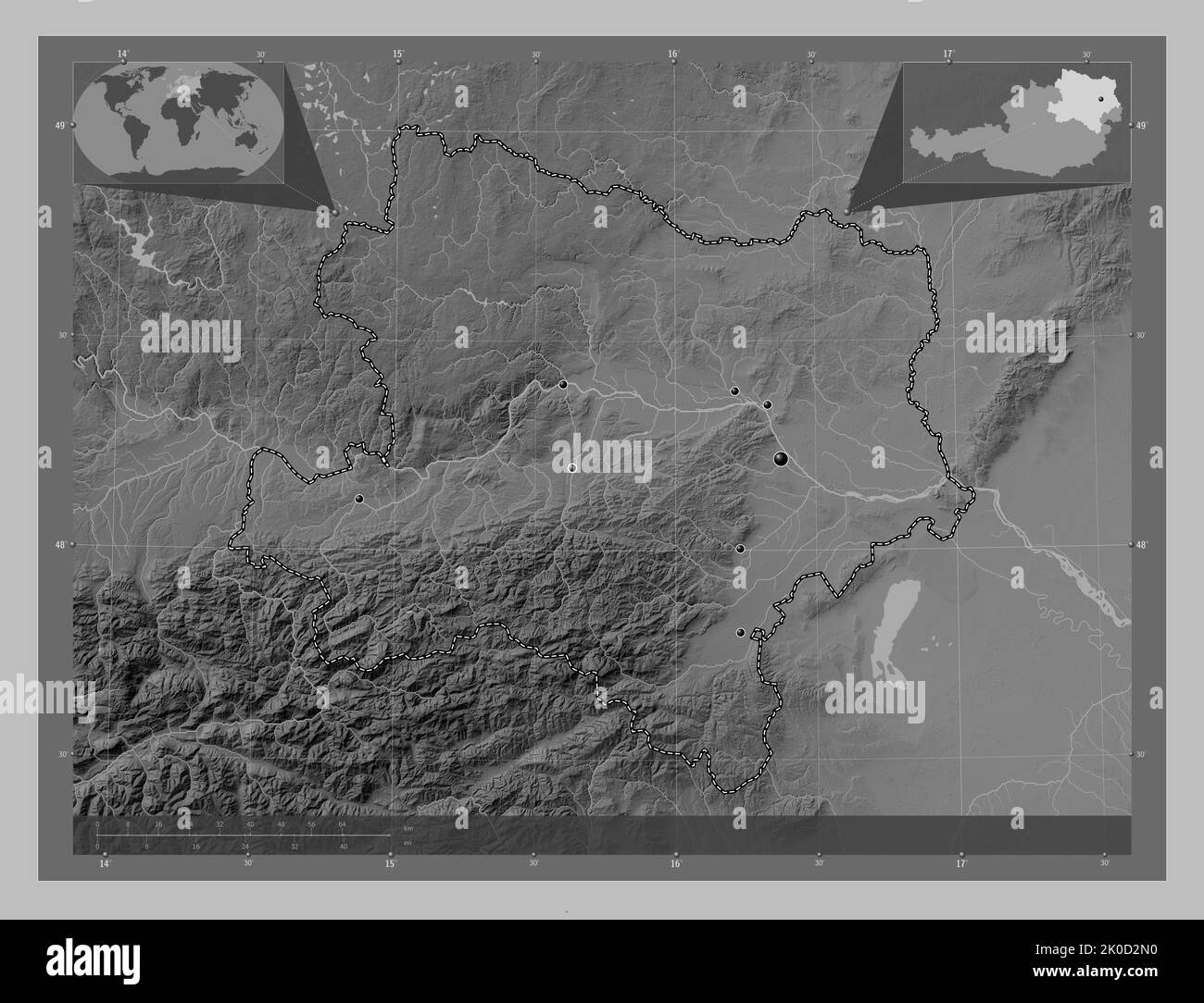 Niederosterreich, state of Austria. Grayscale elevation map with lakes and rivers. Locations of major cities of the region. Corner auxiliary location Stock Photo
