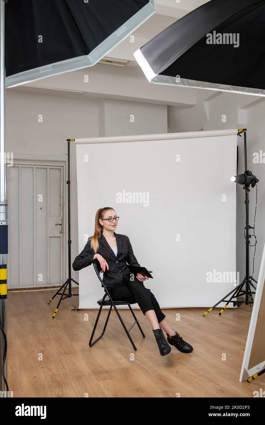 business vlog shooting backstage woman studio Stock Photo